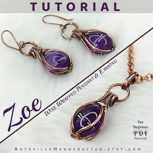 Tutorial per principianti su ciondolo e orecchini Zoe PDF / Crea un set di orecchini e ciondoli coordinati / Guida passo passo all'avvolgimento del filo per principianti