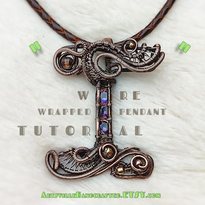 May include: A copper wire wrapped pendant with purple gemstones and a leather cord. The pendant is shaped like the letter "I" and has a wire wrapped design. The text "Wire Wrapped Pendant Tutorial" is written below the pendant.