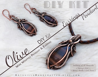 Olive Pendant and Earrings DIY Kit, Wire Wrapping Kit, Craft Kit for Adults, Wire Jewelry Making Kit, DIY Kits for Adults Gift for Her