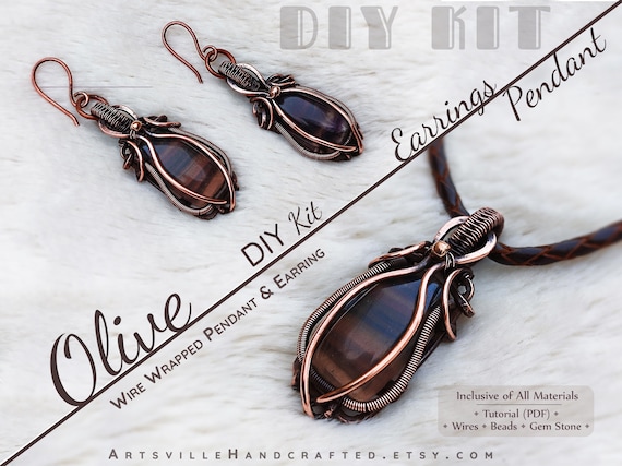 Olive Pendant and Earrings DIY Kit, Wire Wrapping Kit, Craft Kit