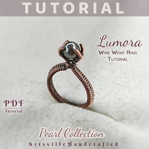 May include: A handcrafted wire-wrapped ring with a dark pearl and copper-colored wire. The ring is the focal point of the image, with the text "Lumora Wire Wrap Ring Tutorial" and "Pearl Collection" visible.