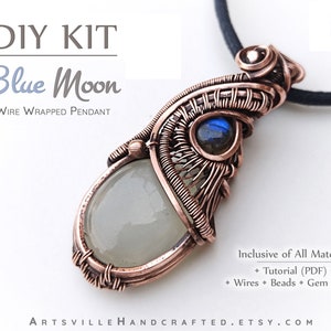 DIY Craft kits for Adults. learn Wire Wrapping and create the beautiful Blue Moon Pendant. The Kit includes :Tutorial by ArtsvilleHandcrafted, Coper Wires, Moonstone, Labradorite
