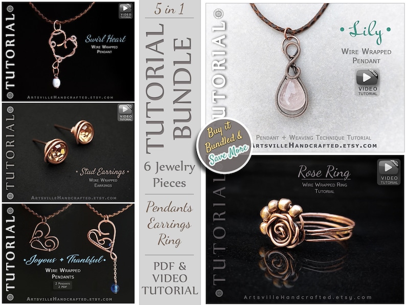 Pu&ograve; includere: Un collage di sei tutorial per la creazione di gioielli, tra cui un ciondolo a forma di cuore a spirale, orecchini a bottone, un anello a forma di rosa e un ciondolo a forma di giglio. I tutorial sono disponibili in formato PDF e video. Il testo "5 in 1 Tutorial Bundle" &egrave; visualizzato al centro dell'immagine.