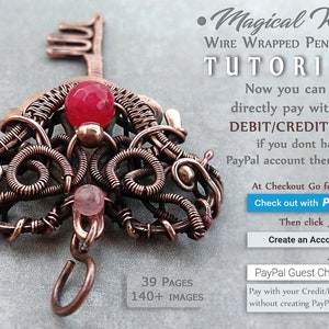 May include: A copper wire wrapped key pendant tutorial with 39 pages and 140+ images. The tutorial includes instructions on how to make a wire wrapped key pendant with a red gemstone. The tutorial also includes instructions on how to pay with a debit or credit card.