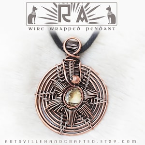 May include: A copper wire wrapped pendant with a yellow gemstone in the center. The pendant is attached to a black cord. The image includes the text "WIRE WRAPPED PENDANT" and "ARTSVILLEHANDCRAFTED.ETSY.COM".