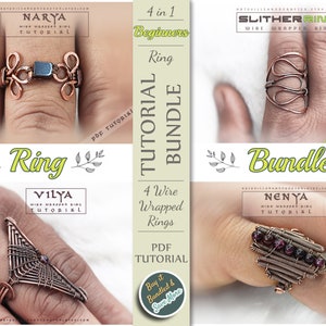 Può includere: Un pacchetto di download digitale di quattro tutorial per anelli avvolti in filo. L'immagine mostra quattro anelli diversi, ognuno con un design unico. Gli anelli sono realizzati in filo di rame e presentano vari abbellimenti, tra cui perline e pietre. Il pacchetto include tutorial PDF per ogni anello.