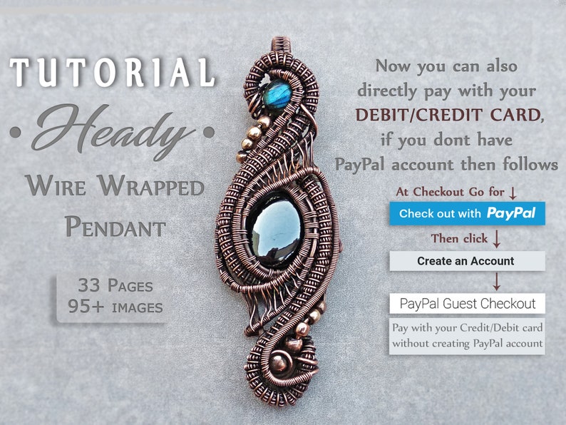 Peut inclure: Un tutoriel pour un pendentif en fil de fer avec 33 pages et plus de 95 images. Le pendentif pr&eacute;sente une pierre noire, une pierre bleue et du fil de cuivre. Le tutoriel comprend des instructions sur la fa&ccedil;on de payer par carte de d&eacute;bit ou de cr&eacute;dit ou via PayPal.