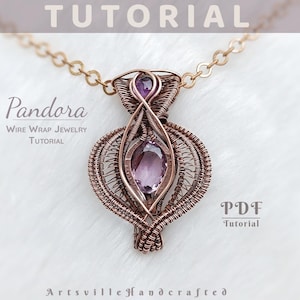 May include: A copper-coloured wire wrap pendant with a central purple gemstone and smaller purple accents, suspended from a gold chain. The image includes the text "Pandora Wire Wrap Jewelry Tutorial" and "PDF Tutorial".