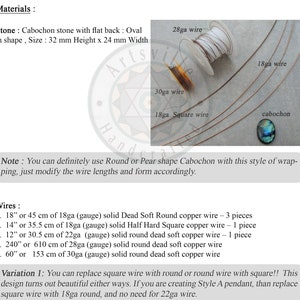 May include: Materials for making a wire wrapped pendant, including a 32 mm by 24 mm oval cabochon, 18 gauge, 22 gauge, 28 gauge, and 30 gauge copper wire. The text reads: "You can definitely use Round or Pear shape Cabochon with this style of wrapping, just modify the wire lengths and form accordingly."
