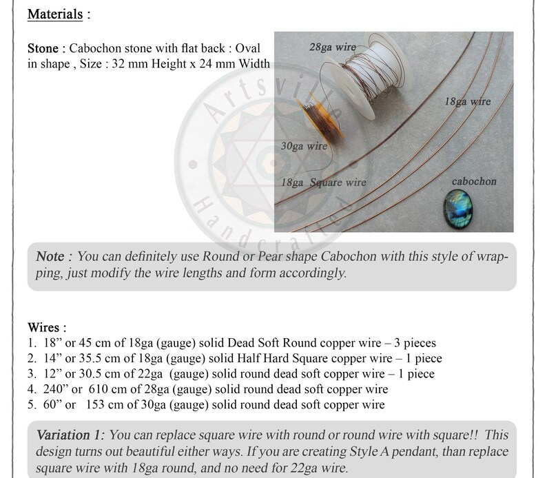 May include: Materials for making a wire wrapped pendant, including a 32 mm by 24 mm oval cabochon, 18 gauge, 22 gauge, 28 gauge, and 30 gauge copper wire. The text reads: "You can definitely use Round or Pear shape Cabochon with this style of wrapping, just modify the wire lengths and form accordingly."
