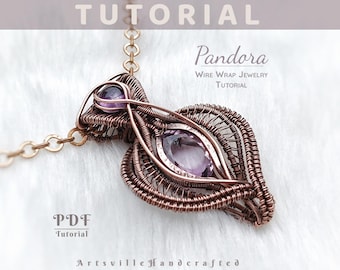 May include: A handcrafted wire wrap jewelry tutorial. The pendant features a copper-colored wire design with two purple gemstones. The text "Pandora Wire Wrap Jewelry Tutorial" is visible, along with "PDF Tutorial" and "Artsville Handcrafted".