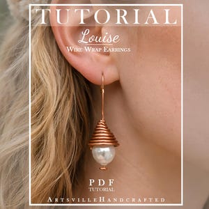 May include: A close-up of a copper wire-wrapped earring with a pearl bead. The earring has a teardrop shape with a spiral design and a white pearl. The text "TUTORIAL Louise Wire Wrap Earrings" is visible in the image.