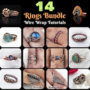 Puede incluir: Un collage de 14 anillos diferentes envueltos en alambre con varias piedras y diseños. Los anillos se muestran sobre un fondo negro con el texto "14 Rings Bundle Wire Wrap Tutorials".