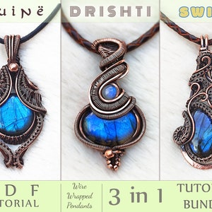 May include: Three wire-wrapped pendant designs with blue gemstone centers. The pendants are named "Luine", "Drishti", and "Swirl". The image also includes the text "PDF Tutorial", "Wire Wrapped Pendants", and "3 in 1 Tutorial Bundle".