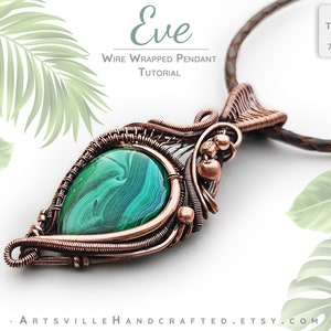 May include: A copper wire wrapped pendant with a green malachite stone. The pendant is shaped like a teardrop and has a delicate, intricate design. The pendant is hanging from a brown leather cord.