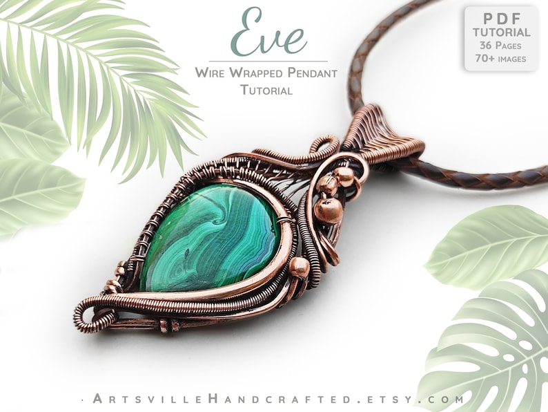 May include: A copper wire wrapped pendant with a green malachite stone. The pendant is shaped like a teardrop and has a delicate, intricate design. The pendant is hanging from a brown leather cord.