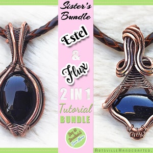 Może przedstawiać: Dwa zawieszki owinięte miedzianym drutem z czarnymi kamieniami szlachetnymi. Zawieszki znajdują się na brązowym sznurku skórzanym. Tekst "Sister's Bundle Estel & Flux 2 IN 1 Tutorial BUNDLE" znajduje się na różowym tle.
