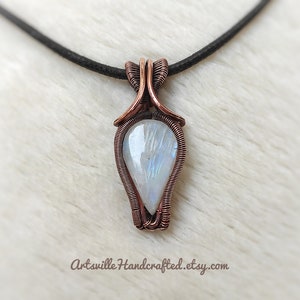 Rainbow Moonstone Pendant Necklace, Wire Wrapped Pendant Crystal Necklace, 13th Anniversary Gift, June Birthstone Jewelry, Elvish Jewelry