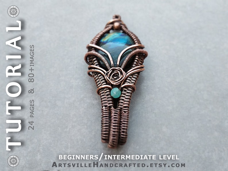 May include: A copper wire wrapped pendant featuring a large iridescent blue-green gemstone and a smaller green gemstone. The pendant is in the shape of a teardrop with a rose-like design at the top.