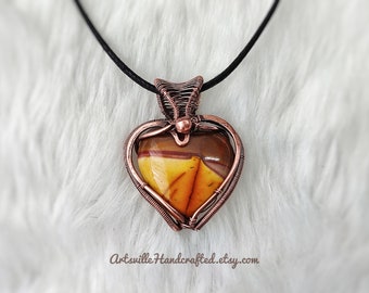 Mookaite Heart Wire Wrap Pendant Necklace, Protection Amulet, Jasper Necklace, Valentine's Gifts for Her, Wire Wrapped Crystal Necklace Gift