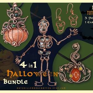 Op de afbeelding: Een 4-in-1 Halloween Bundle PDF-tutorial voor het maken van draadgewikkelde sieraden. De tutorial bevat instructies voor het maken van drie hangers en een paar oorbellen. De hangers zijn een skelet, een pompoen en een schedel. De oorbellen zijn schedelvormig.