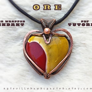 May include: Wire wrapped heart pendant with a red and yellow stone. The pendant is made with copper wire and has a black cord. The image includes the text "Wire Wrapped Pendant" and "PDF Tutorial".