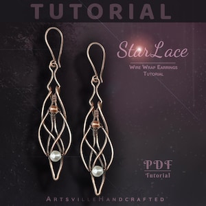 May include: Two copper-colored wire wrap earrings with a pearl bead at the bottom and a smaller bead in the middle. The earrings are in a teardrop shape with a woven design. The image has the text "Star Lace Wire Wrap Earrings Tutorial" and "PDF Tutorial".