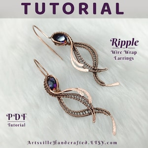 May include: A PDF tutorial for making ripple wire wrap earrings. The earrings are made with copper wire and feature a purple gemstone. The tutorial is available on Etsy.