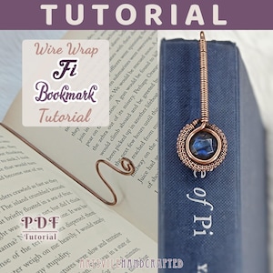 May include: A copper wire-wrapped bookmark with a blue gemstone, inserted into a book. The bookmark has a circular design with a gemstone in the center. The text "Wire Wrap Fi Bookmark Tutorial" is visible.