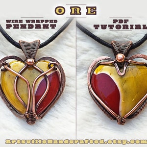 May include: Wire wrapped pendant with a heart-shaped stone in shades of yellow, red, and white. The pendant is made with copper wire and has a black cord.