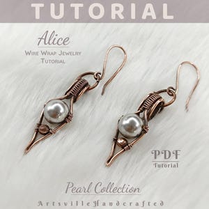 May include: A pair of handmade copper wire earrings with a pearl bead center. The earrings are part of the "Pearl Collection" and are a wire wrap jewelry tutorial. The word "Tutorial" is at the top of the image.
