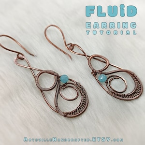 May include: A pair of copper wire earrings with a teardrop shape and a small turquoise bead. The earrings are handmade and have a delicate, fluid design.  FLUID EARRING TUTORIAL.