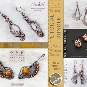 May include: A bundle of five wire wrapped earring tutorials. The bundle includes a tutorial for orchid earrings, free flow earrings, stud earrings, helix earrings, and a tutorial for wire wrapped earrings in general. The tutorials are available in PDF and video format.