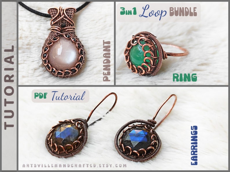 A tutorial bundle featuring wire wrap designs for a pendant, ring, and earrings. This set includes detailed PDF guides for creating intricate, handcrafted jewelry pieces, perfect for both beginners and experienced makers. Instantly downloads