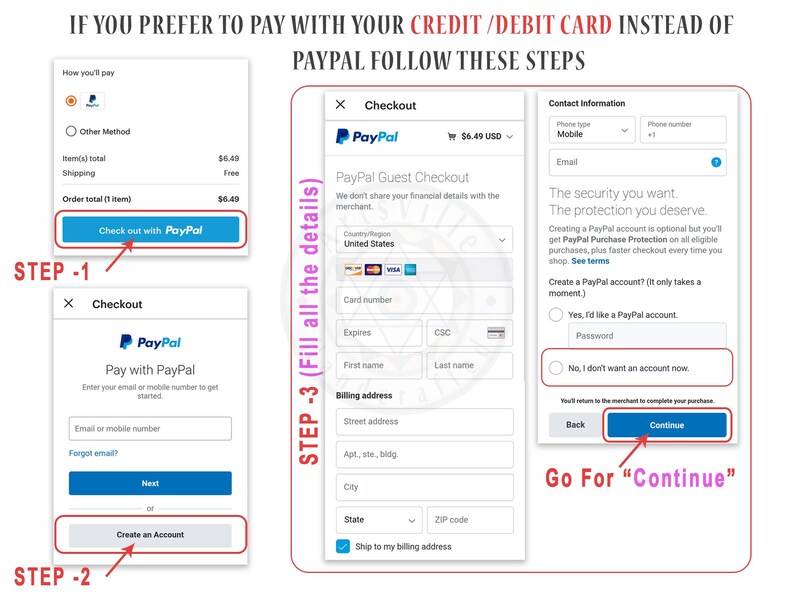 May include: A step-by-step guide on how to pay with a credit or debit card instead of PayPal. The image shows three steps: 1. Check out with PayPal, 2. Pay with PayPal, and 3. Fill all the details. The third step includes a PayPal checkout form with fields for contact information, billing address, and payment details.