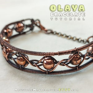 May include: Copper wire bracelet with beads, titled "OLAYA BRACELETE TUTORIAL" with the website "ARTSVILLEHANDCRAFTED.ETSY.COM".