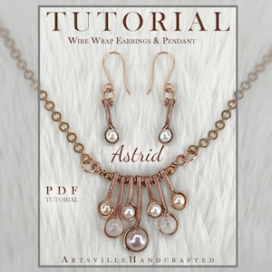 May include: A tutorial for wire wrap earrings and pendant. The image shows a copper-colored necklace and earrings set with white pearls. The necklace has a chain and a pendant with multiple pearl accents. The earrings have a hook design. The word "Astrid" is visible.