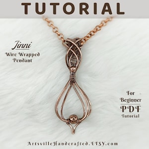 May include: A copper wire wrapped pendant necklace with a bead in the center. The pendant is shaped like a teardrop with a woven design. The necklace is on a white fuzzy surface. The text "Jinni Wire Wrapped Pendant" and "For Beginner PDF Tutorial" is visible in the image.