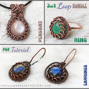 Complete wire wrap jewelry tutorial bundle including PDF guides for crafting a pendant, ring, and earrings. Instant download offers step-by-step instructions to create beautiful, handmade pieces with detailed designs suitable for various skill levels