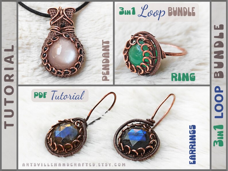 Complete wire wrap jewelry tutorial bundle including PDF guides for crafting a pendant, ring, and earrings. Instant download offers step-by-step instructions to create beautiful, handmade pieces with detailed designs suitable for various skill levels