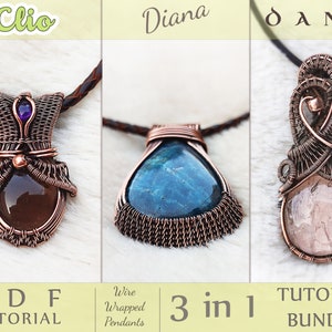 Può includere: Tre tutorial per ciondoli avvolti in filo, intitolati "Clio", "Diana" e "Dana". I tutorial sono per un pacchetto 3 in 1 e sono disponibili per il download in PDF.