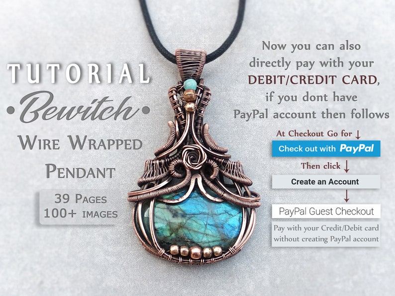 Puede incluir: Un colgante de alambre de color cobre con una piedra central azul-verde, suspendido de un cord&oacute;n negro. El colgante tiene intrincados detalles de alambre y peque&ntilde;os detalles de cuentas. El texto en la imagen dice "Tutorial Bewitch Wire Wrapped Pendant".