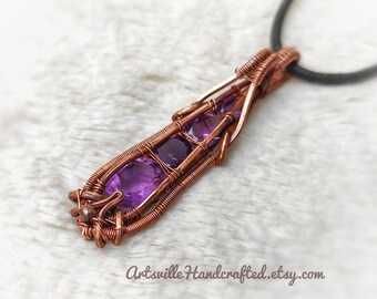 Wire Wrapped Pendant with Faceted Amethyst and Copper, Elven Talisman Pendant Necklace, Protection Amulet, Empath Protection Necklace