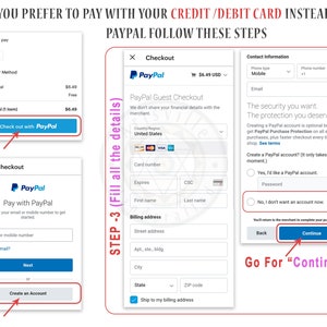 Peut inclure: Une capture d'&eacute;cran d'un site Web montrant les &eacute;tapes pour payer avec PayPal. La premi&egrave;re &eacute;tape consiste &agrave; passer &agrave; la caisse avec PayPal. La deuxi&egrave;me &eacute;tape consiste &agrave; payer avec PayPal en saisissant votre adresse e-mail ou votre num&eacute;ro de t&eacute;l&eacute;phone mobile. La troisi&egrave;me &eacute;tape consiste &agrave; remplir les d&eacute;tails de votre compte PayPal. La derni&egrave;re &eacute;tape consiste &agrave; cliquer sur le bouton "Continuer".