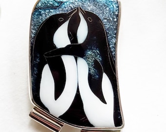 Handmade Sterling Silver Penguin Brooch: Cloisonne Enamel Animal Jewelry