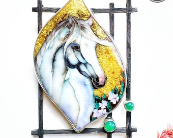 Horse Brooch Pendant in Silver – Handmade Cloisonné Enamel Jewelry with Jade, Art Necklace