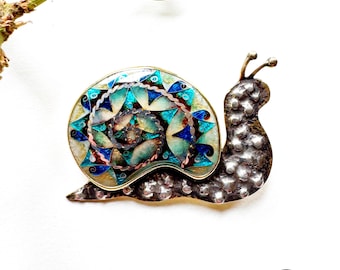 Cloisonné Enamel Snail Brooch Pendant – Brass, Silver Details, Nature Jewelry