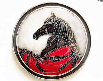 One of a kind horse brooch pendant, handcrafted in sterling silver using traditional cloisonné enamel.