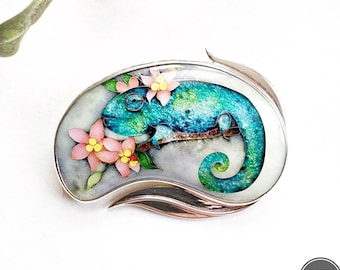 Chameleon Brooch Pendant, Cloisonné Enamel Jewelry, Handmade Silver Brooch Necklace, Unique Animal Art Jewelry