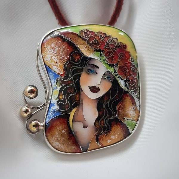 Georgian cloisonne enamel.Brooch/Pendant. Sterling silver. Handmade jewelry.Flower girl necklace. Gift for her